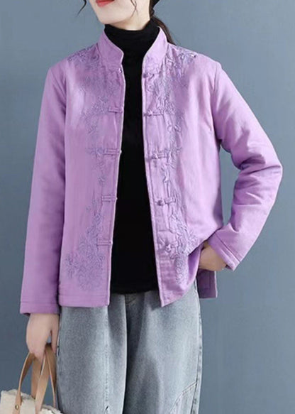 French Purple Embroidered Button Cotton Filled Coat Winter Qg039