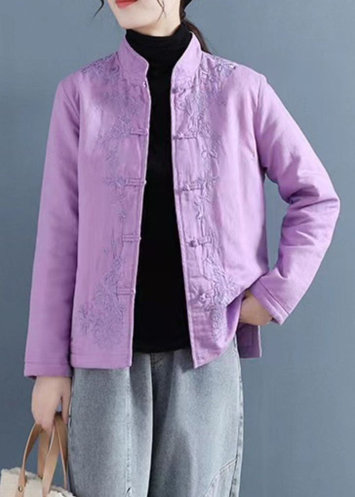 French Purple Embroidered Button Cotton Filled Coat Winter Qg039