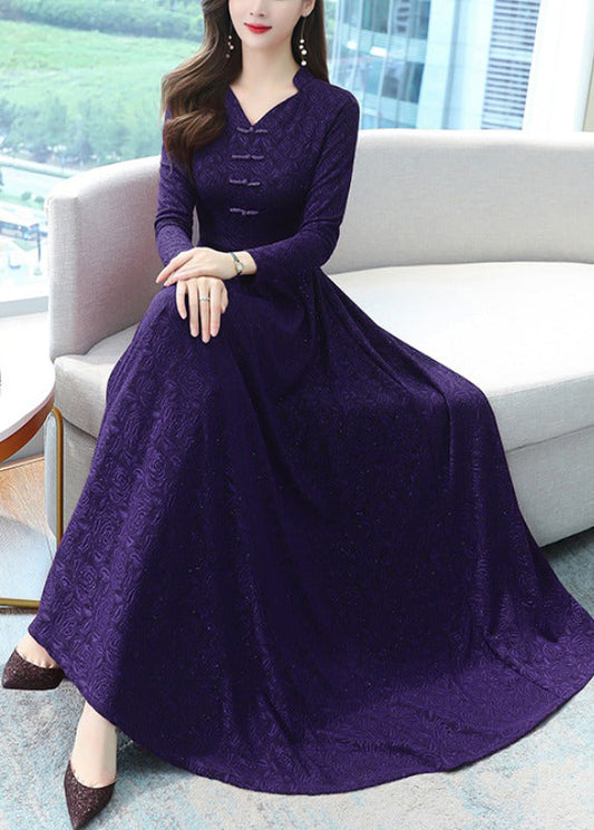 French Purple Jacquard Extra Large Hem Cotton Maxi Dresses Fall Oo044