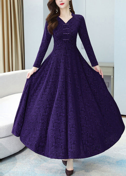 French Purple Jacquard Extra Large Hem Cotton Maxi Dresses Fall Oo044