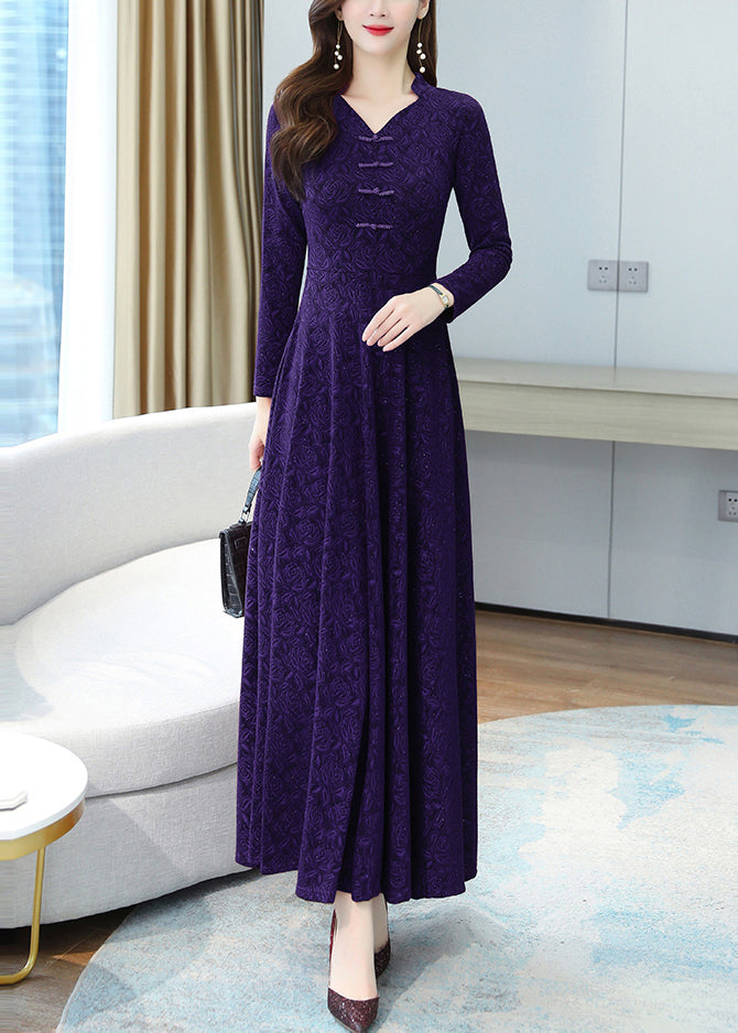French Purple Jacquard Extra Large Hem Cotton Maxi Dresses Fall Oo044