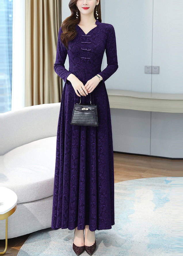 French Purple Jacquard Extra Large Hem Cotton Maxi Dresses Fall Oo044