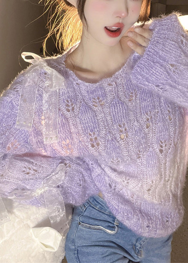 French Purple O Neck Bow Ma Hai Mao Knitted Sweaters Fall Rl014