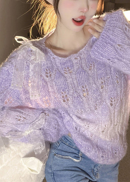 French Purple O Neck Bow Ma Hai Mao Knitted Sweaters Fall Rl014
