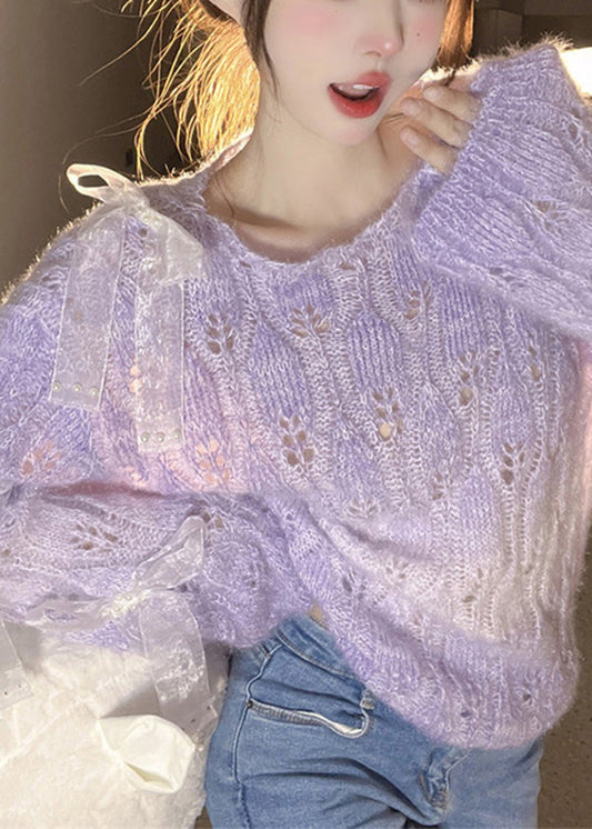 French Purple O Neck Bow Ma Hai Mao Knitted Sweaters Fall Rl014