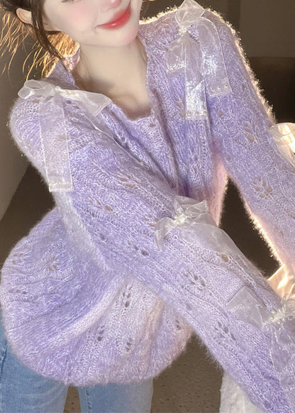 French Purple O Neck Bow Ma Hai Mao Knitted Sweaters Fall Rl014