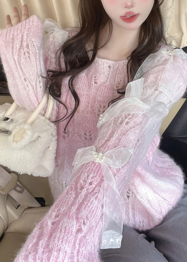 French Purple O Neck Bow Ma Hai Mao Knitted Sweaters Fall Rl014
