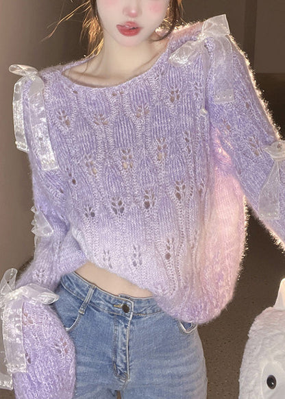 French Purple O Neck Bow Ma Hai Mao Knitted Sweaters Fall Rl014