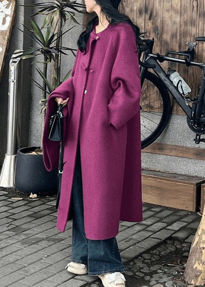 French Purple O Neck Oriental Button Woolen Coats Winter Wn009