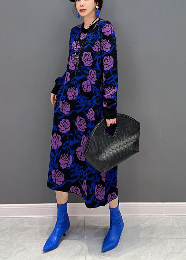 French Purple Rose Print Slim Fit Knit Long Dress Spring Ly1660