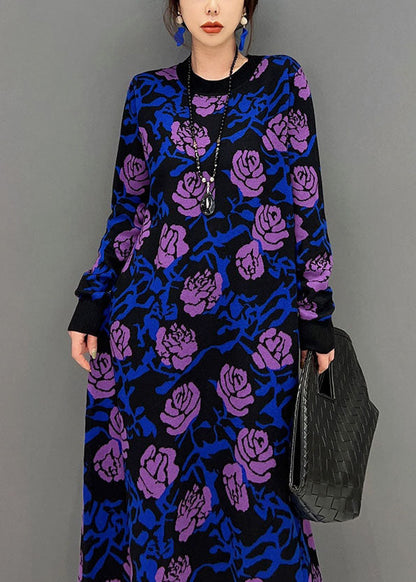 French Purple Rose Print Slim Fit Knit Long Dress Spring Ly1660