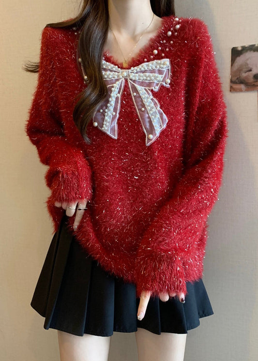 French Red Bow Nail Bead New Year Knit Sweaters Winter Rg030