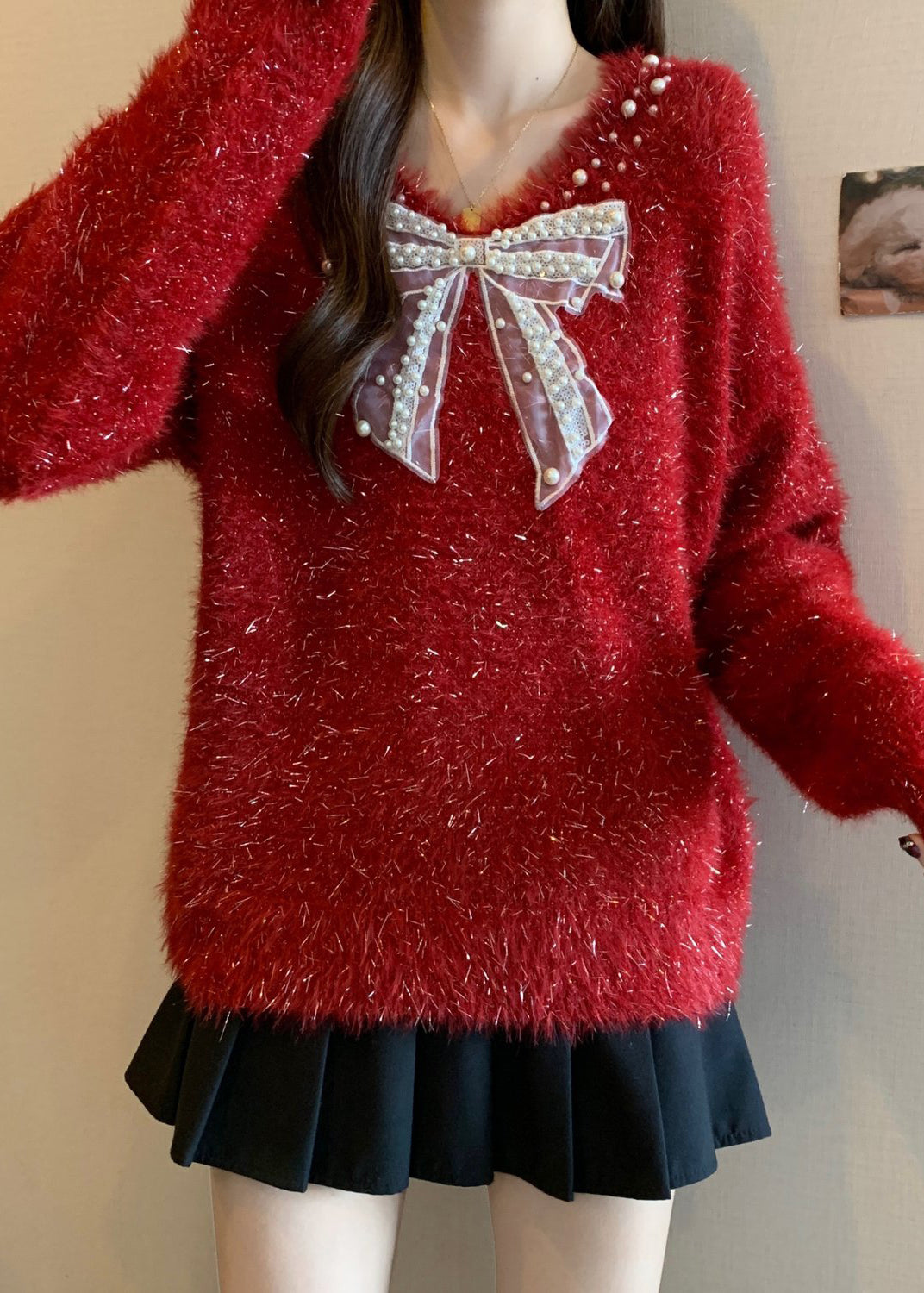 French Red Bow Nail Bead New Year Knit Sweaters Winter Rg030
