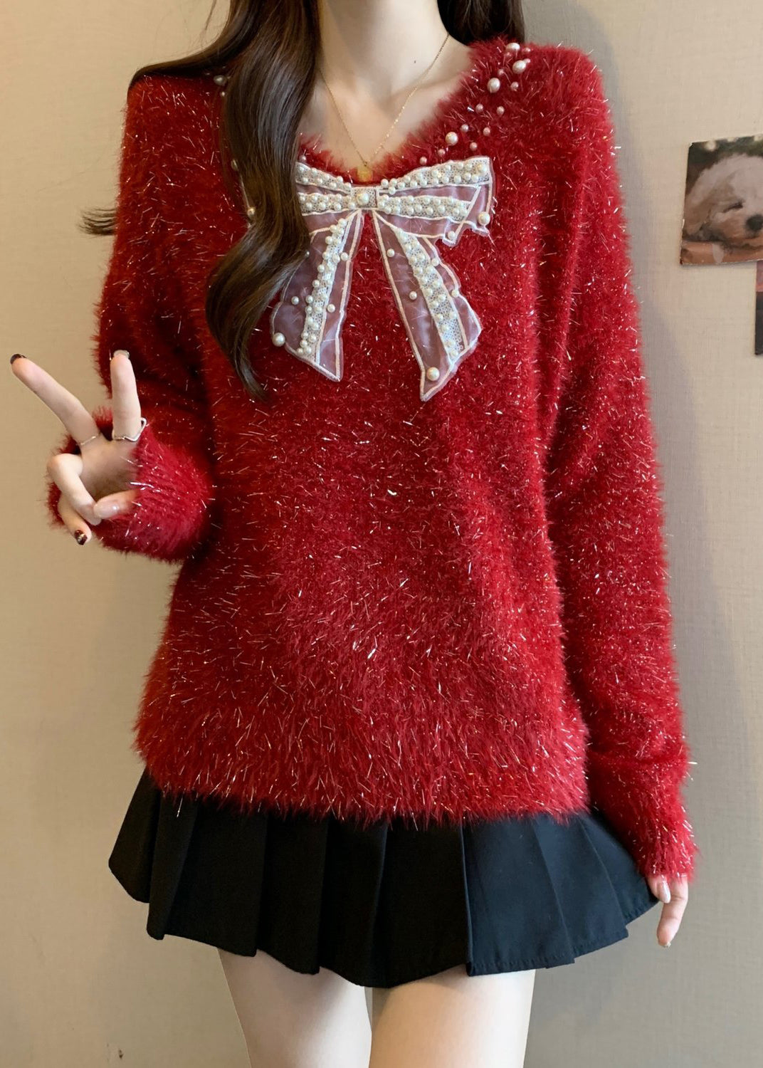 French Red Bow Nail Bead New Year Knit Sweaters Winter Rg030