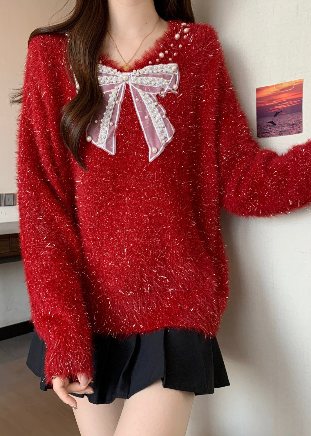 French Red Bow Nail Bead New Year Knit Sweaters Winter Rg030