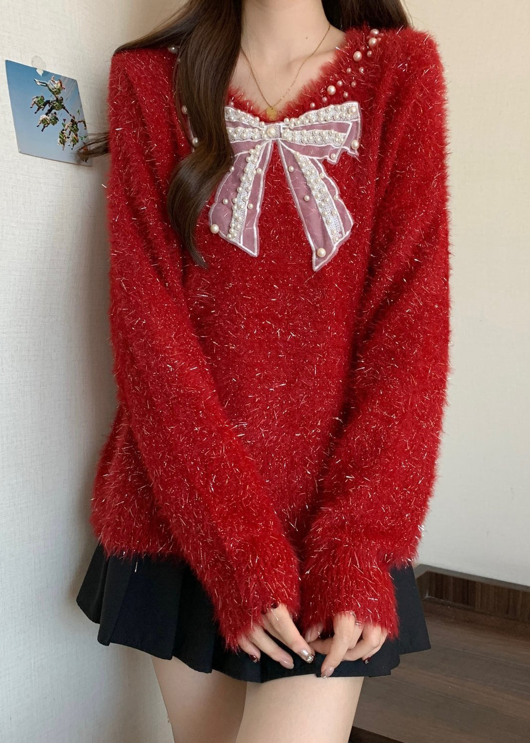 French Red Bow Nail Bead New Year Knit Sweaters Winter Rg030