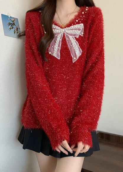 French Red Bow Nail Bead New Year Knit Sweaters Winter Rg030