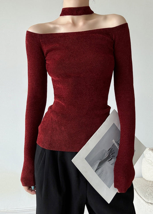 French Red Cold Shoulder Halter Knit Sweaters Spring Ty031