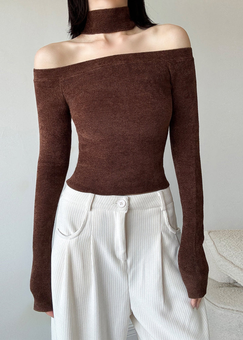 French Red Cold Shoulder Halter Knit Sweaters Spring Ty031