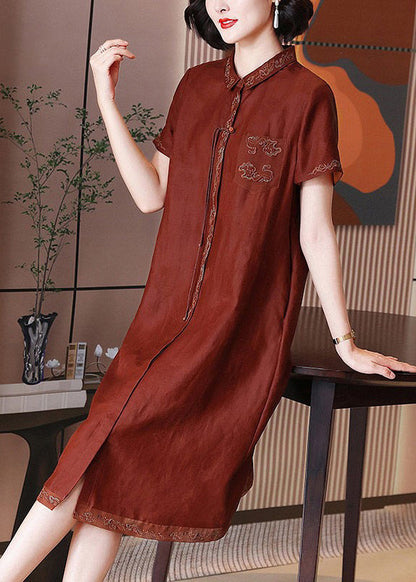 French Red Embroidered Button Pockets Silk Long Dress Summer Op1048