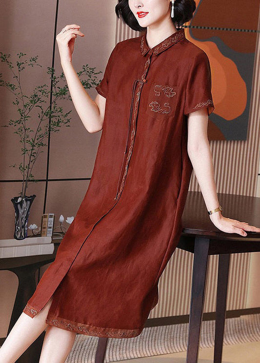 French Red Embroidered Button Pockets Silk Long Dress Summer Op1048