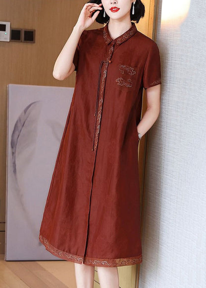 French Red Embroidered Button Pockets Silk Long Dress Summer Op1048
