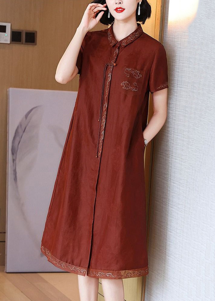 French Red Embroidered Button Pockets Silk Long Dress Summer Op1048