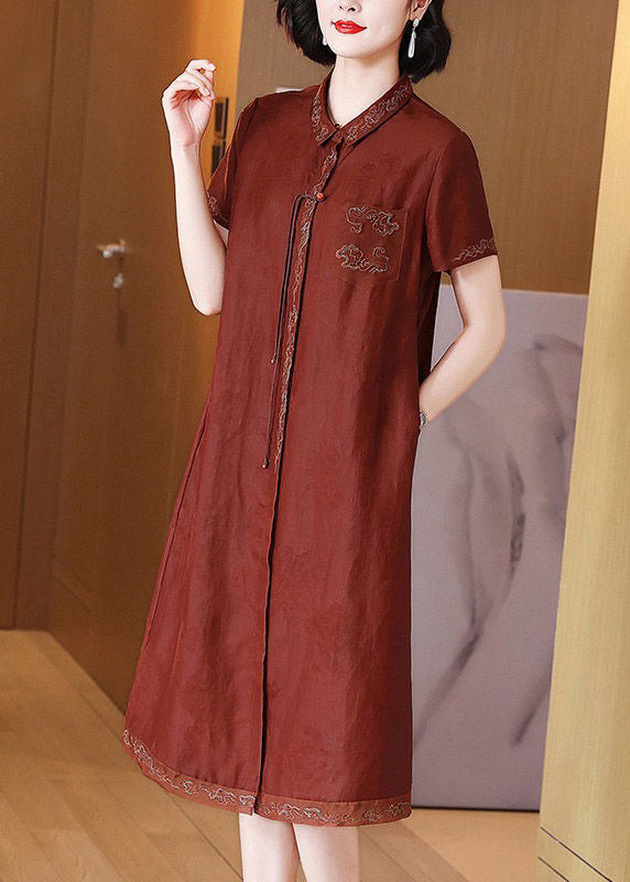 French Red Embroidered Button Pockets Silk Long Dress Summer Op1048