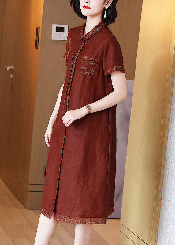 French Red Embroidered Button Pockets Silk Long Dress Summer Op1048