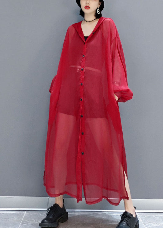 French Red Hooded Hollow Out Chiffon Long Cardigans Summer Ly1658