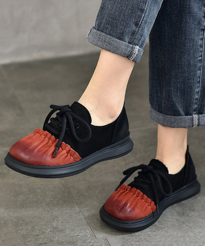 French Red Lace Up Splicing Cowhide Leather Flats Shoes Rt1039