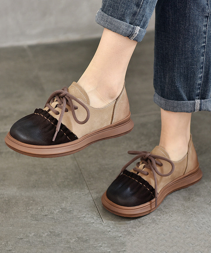 French Red Lace Up Splicing Cowhide Leather Flats Shoes Rt1039