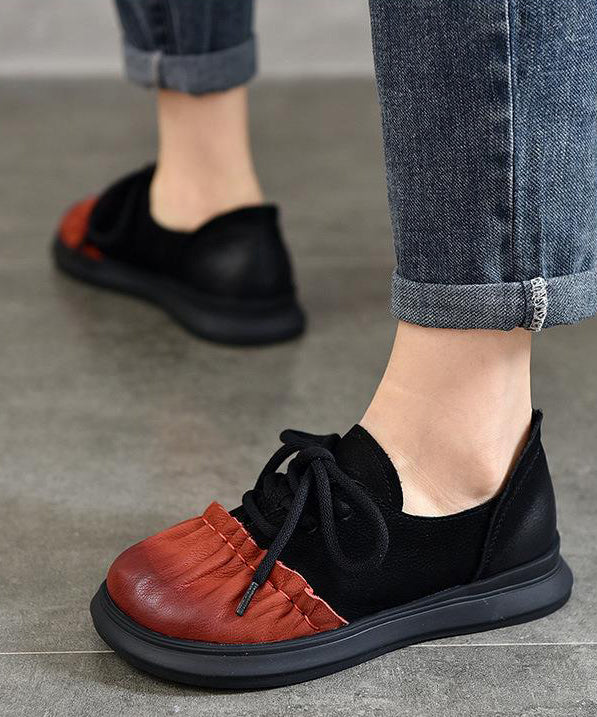 French Red Lace Up Splicing Cowhide Leather Flats Shoes Rt1039