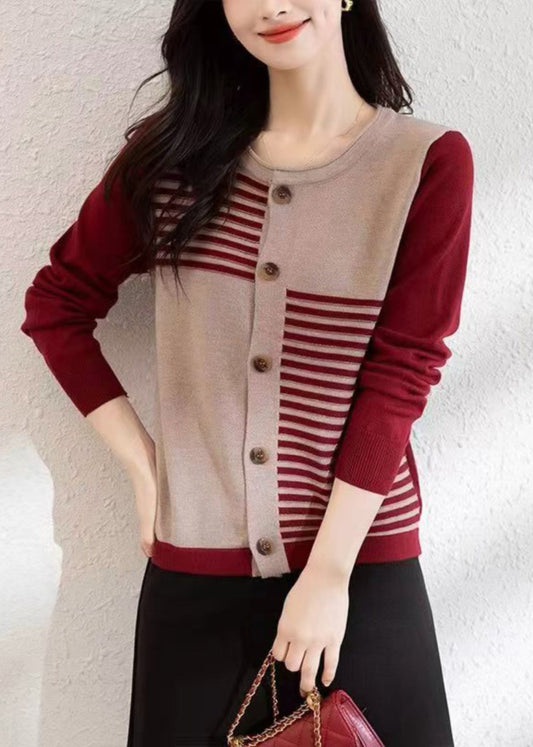 French Red O Neck Button Patchwork Knit Cardigans Fall Qi005