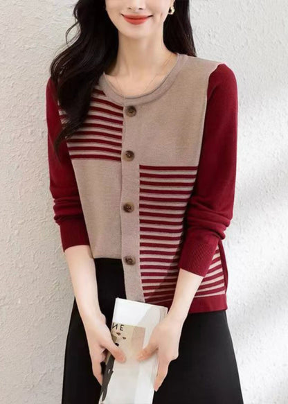 French Red O Neck Button Patchwork Knit Cardigans Fall Qi005