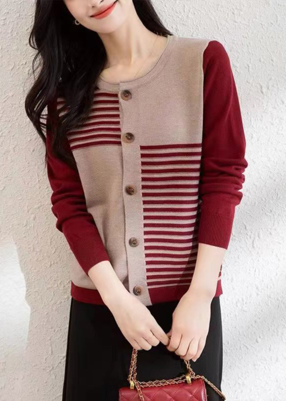 French Red O Neck Button Patchwork Knit Cardigans Fall Qi005
