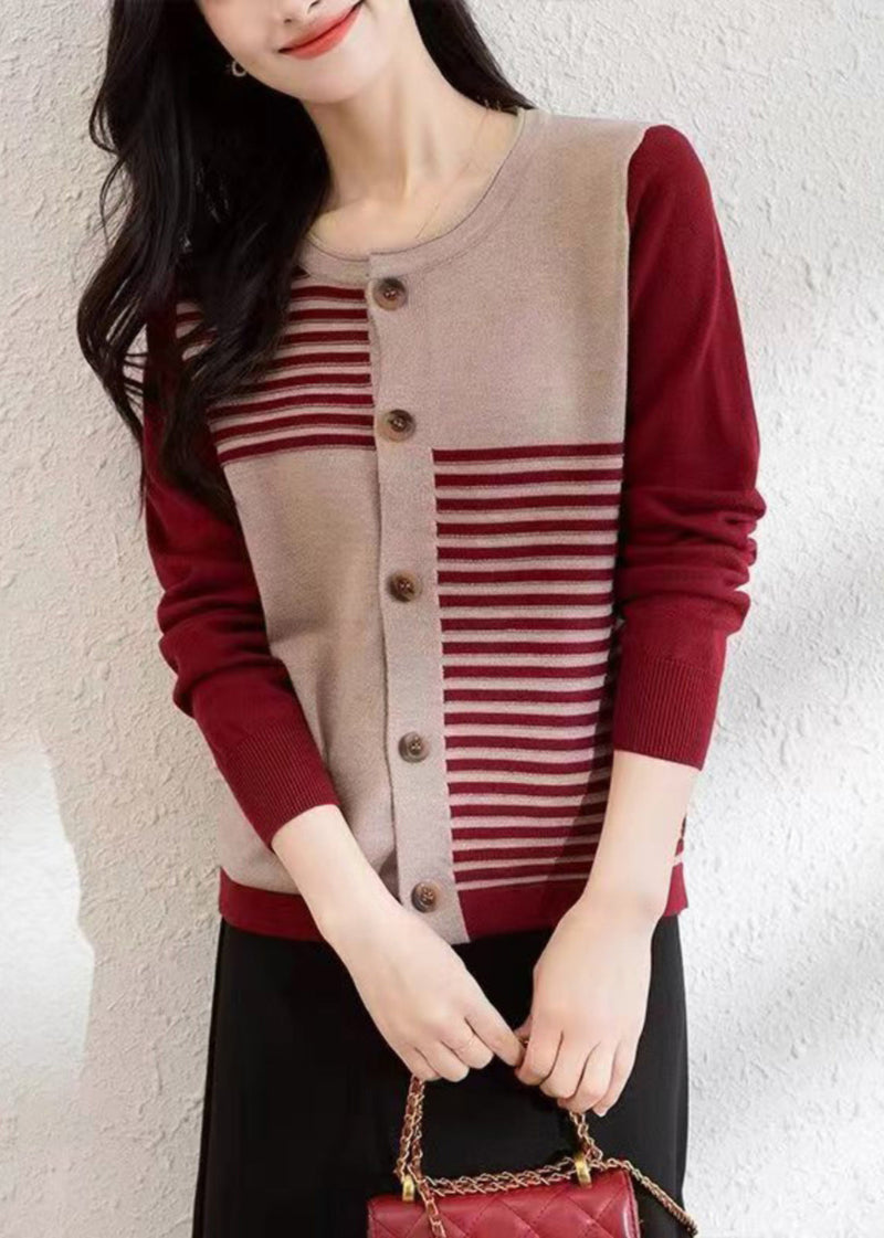 French Red O Neck Button Patchwork Knit Cardigans Fall Qi005