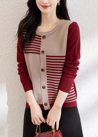 French Red O Neck Button Patchwork Knit Cardigans Fall Qi005