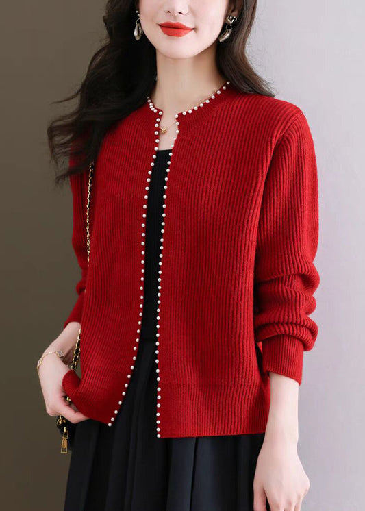 French Red O Neck Nail Bead Knit Cardigans Fall Qi007