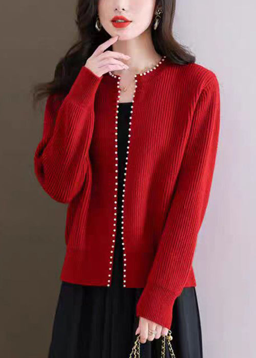 French Red O Neck Nail Bead Knit Cardigans Fall Qi007