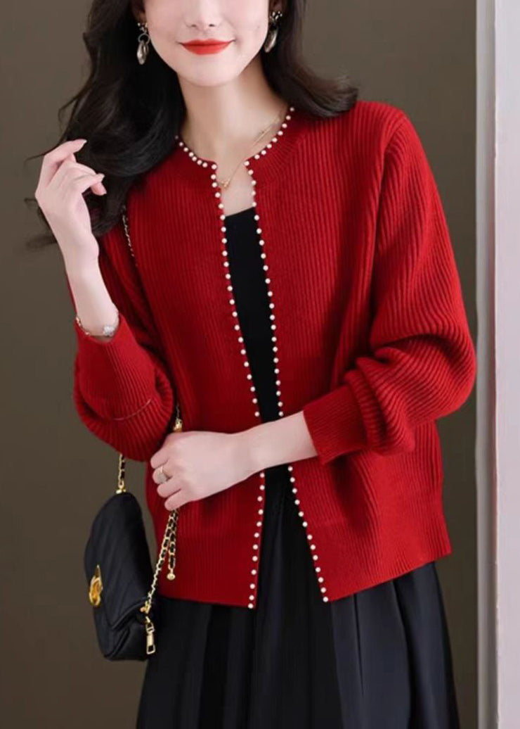 French Red O Neck Nail Bead Knit Cardigans Fall Qi007