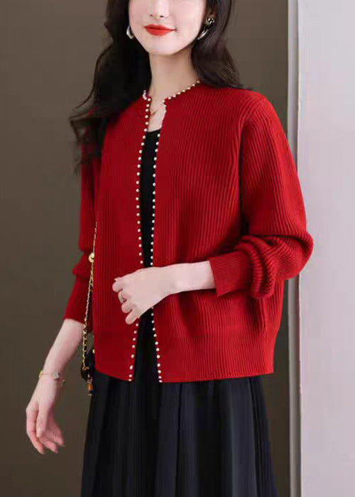 French Red O Neck Nail Bead Knit Cardigans Fall Qi007