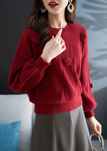 French Red O Neck Plaid Knit Sweater Fall Qc031