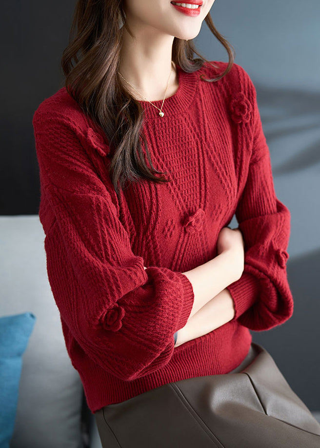 French Red O Neck Plaid Knit Sweater Fall Qc031