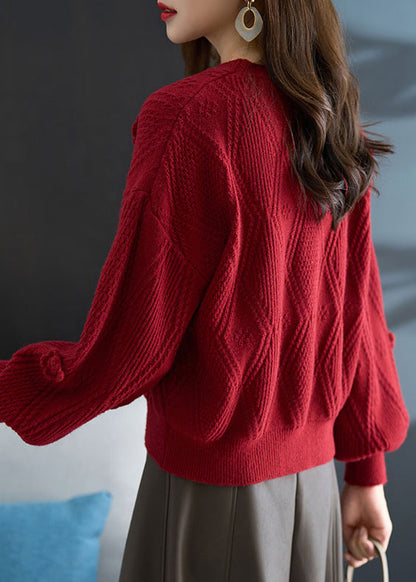 French Red O Neck Plaid Knit Sweater Fall Qc031
