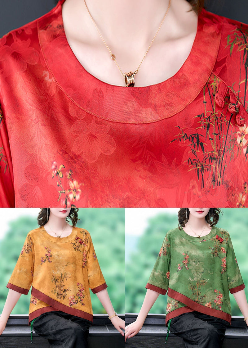 Yellow Patchwork Print Silk Blouse Top O Neck Bracelet Sleeve Ly0483