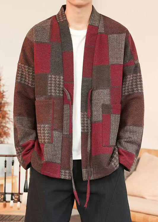 French Red Plaid Lace Up Woolen Coats Winter Ro030