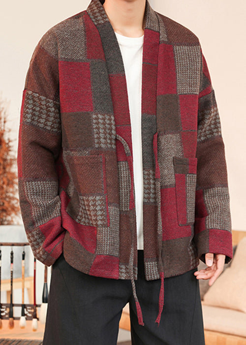 French Red Plaid Lace Up Woolen Coats Winter Ro030