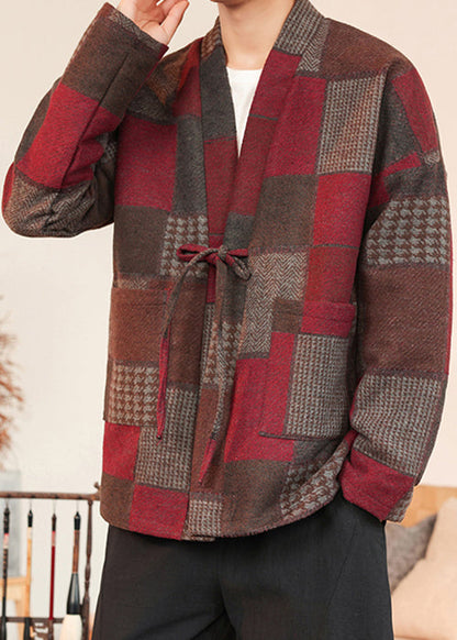 French Red Plaid Lace Up Woolen Coats Winter Ro030