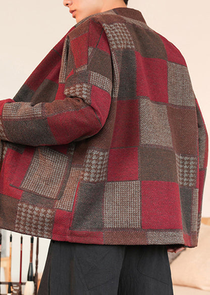 French Red Plaid Lace Up Woolen Coats Winter Ro030